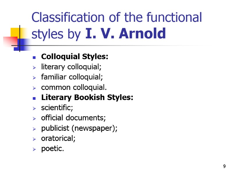 9 Classification of the functional styles by I. V. Arnold  Colloquial Styles: literary